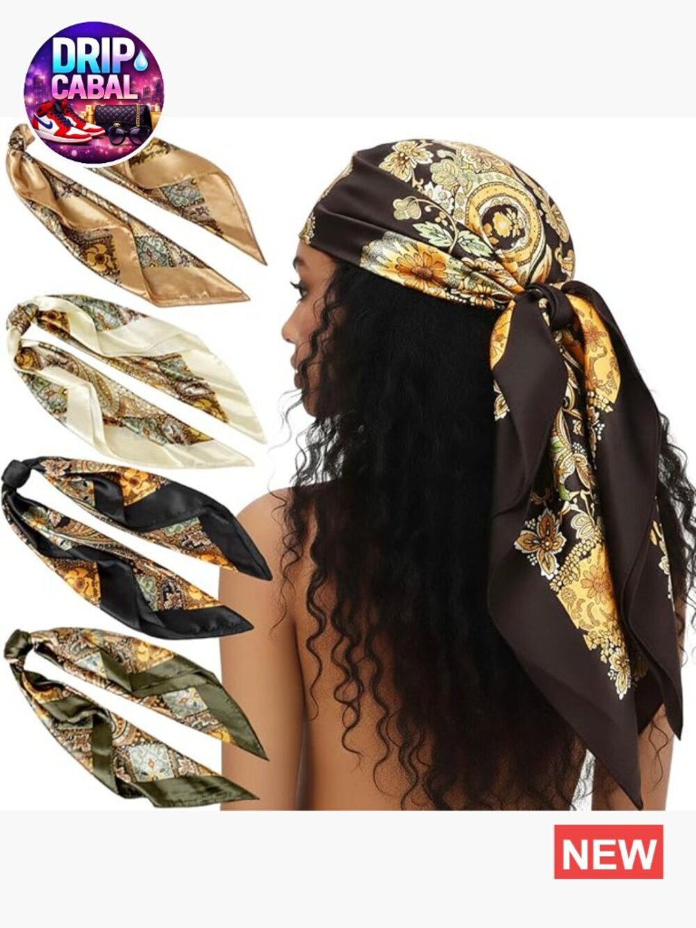 4-Pack Large Square Satin Head Scarf Silk Feel Hair Accessories Classic